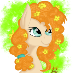 Size: 2000x2000 | Tagged: safe, artist:auntrude, pear butter, earth pony, pony, g4, buttercup, female, flower, flower in hair, high res, looking up, mare, solo