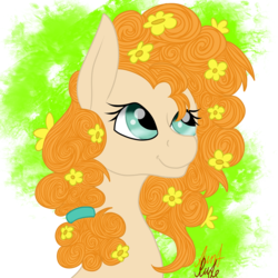 Size: 2000x2000 | Tagged: safe, artist:auntrude, pear butter, earth pony, pony, g4, buttercup, female, flower, flower in hair, high res, looking up, mare, solo