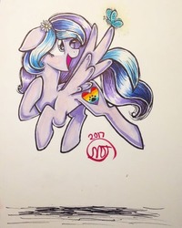 Size: 424x530 | Tagged: safe, artist:crystalizedflames, oc, oc only, oc:daisy daydream, butterfly, pegasus, pony, female, mare, solo, traditional art