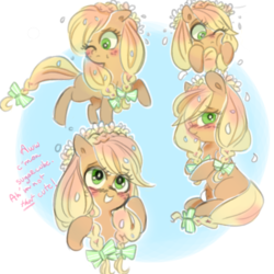Size: 853x854 | Tagged: safe, artist:pinkablue, applejack, g4, my little pony: the movie prequel, alternate hairstyle, blushing, braid, flower, flower in hair, i'm not cute, missing cutie mark, ribbon