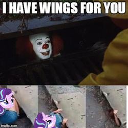 Size: 400x400 | Tagged: artist needed, safe, starlight glimmer, human, pony, g4, clown, head swap, image macro, implied forgalorga, it, it's a trap, meme, pennywise, storm drain, this will end in tears and/or death, wings