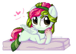 Size: 3000x2135 | Tagged: safe, artist:cienneart, oc, oc only, oc:watermelana, pony, blank flank, clothes, female, filly, gradient hooves, heart, high res, pixel art, prone, socks, solo, striped socks