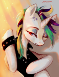Size: 2105x2775 | Tagged: safe, artist:utauyan, rarity, pony, unicorn, g4, it isn't the mane thing about you, alternate hairstyle, clothes, female, high res, mare, one eye closed, punk, raripunk, short hair, solo, wink