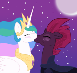 Size: 950x900 | Tagged: safe, artist:scraggleman, princess celestia, tempest shadow, alicorn, pony, unicorn, g4, my little pony: the movie, blushing, broken horn, duo, eyes closed, female, floppy ears, horn, kiss on the lips, kissing, lesbian, mare, moon, night, shipping, stars, tempestia