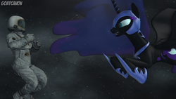 Size: 3840x2160 | Tagged: safe, artist:goatcanon, nightmare moon, alicorn, human, pony, g4, 3d, astronaut, duo, female, high res, incoming hug, luna and the nauts, mare, source filmmaker, space, spacesuit