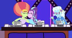 Size: 1222x654 | Tagged: safe, artist:ktd1993, starlight glimmer, tree hugger, trixie, equestria girls, g4, afro, crack shipping, female, kissing, lesbian, match game (game show), shipping, starhugger