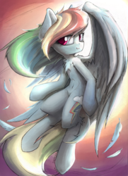 Size: 723x1000 | Tagged: safe, artist:blvckmagic, rainbow dash, pegasus, pony, g4, belly, belly button, chest fluff, feather, female, flying, leg fluff, long tail, mare, ribcage, slender, solo, spread wings, tail, thin, wing fluff, wings