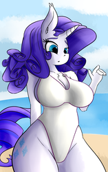 Size: 2200x3500 | Tagged: safe, artist:huckser, rarity, anthro, g4, beach, beach babe, big breasts, breasts, busty rarity, cleavage, clothes, curvy, female, high res, one-piece swimsuit, sexy, solo, stupid sexy rarity, swimsuit, swimsuit babe, thighs, wide hips