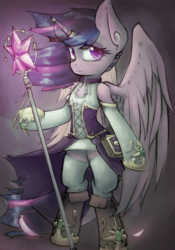 Size: 1277x1825 | Tagged: safe, artist:blvckmagic, twilight sparkle, alicorn, semi-anthro, g4, bipedal, book, boots, clothes, female, horn, horn ring, shoes, solo, staff, twilight sparkle (alicorn), wings