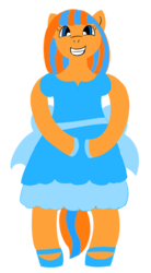 Size: 458x829 | Tagged: safe, artist:mystipony, oc, oc only, oc:cold front, blue, bow, clothes, crossdressing, cute, dress, eyelashes, food, grin, happy, lineless, orange, ribbon, sash, shoes, smiling, solo