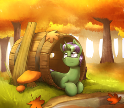 Size: 2487x2160 | Tagged: safe, artist:otakuap, oc, oc only, pony, unicorn, autumn, autumn leaves, barrel, commission, forest, glasses, high res, leaf, leaves, male, mushroom, prone, river, solo, stallion, tree, water, ych result