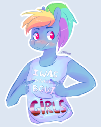 Size: 1778x2225 | Tagged: safe, artist:mazuuur, rainbow dash, anthro, g4, boys (charli xcx), charli xcx, clothes, cute, female, lesbian, shirt, solo, song reference