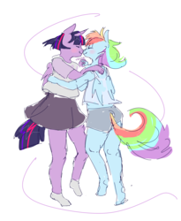 Size: 2741x3337 | Tagged: safe, artist:mazuuur, rainbow dash, twilight sparkle, alicorn, anthro, g4, blushing, clothes, dancing, female, high res, lesbian, ship:twidash, shipping, twilight sparkle (alicorn), wings