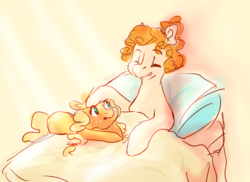 Size: 4669x3397 | Tagged: safe, artist:mazuuur, applejack, pear butter, g4, bed, cute, pillow