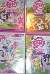 Size: 1153x1694 | Tagged: safe, apple bloom, applejack, fluttershy, pinkie pie, rainbow dash, rarity, scootaloo, spike, sweetie belle, twilight sparkle, dragon, call of the cutie, g4, 2010, 2011, cake, collection, comparison, cutie mark crusaders, danish, dubs, dvd, dvd cover, food, irl, mane six, mane six opening poses, my little pony logo, orchard, party, photo, ponyville, region 2 dvds, s1, sugarcube corner