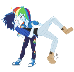 Size: 2048x2009 | Tagged: safe, artist:ilaria122, rainbow dash, soarin', equestria girls, g4, bedroom eyes, blushing, boots, converse, female, high res, male, ship:soarindash, shipping, shoes, straight