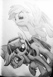 Size: 1452x2102 | Tagged: safe, artist:ponsce, applejack, rainbow dash, twilight sparkle, pony, g4, collar, female, lesbian, monochrome, polyamory, ship:appledashlight, shipping, traditional art, whip