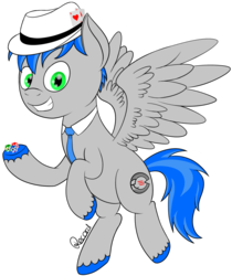 Size: 1024x1217 | Tagged: safe, artist:recordmelodie, oc, oc only, oc:record melodie, pegasus, pony, blue mane, fedora, green eyes, grin, hat, necktie, poker card, poker chips, simple background, smiling, solo