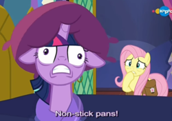 Size: 1434x1009 | Tagged: safe, screencap, fluttershy, twilight sparkle, alicorn, pony, a health of information, g4, carousel (tv channel), derp, derplight sparkle, duo, faic, floppy ears, non stick pans, pillow hat, subtitles, twilight sparkle (alicorn)