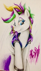 Size: 1907x3264 | Tagged: safe, artist:nolyanimeid, rarity, pony, g4, it isn't the mane thing about you, alternate hairstyle, clothes, female, mare, punk, raripunk, short hair, smiling, solo, traditional art