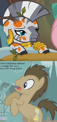 Size: 600x1280 | Tagged: safe, edit, edited screencap, editor:korora, screencap, doctor whooves, time turner, zecora, earth pony, pegasus, pony, zebra, a health of information, call of the cutie, g4, bed, branches, comic, cropped, doctor who, ear piercing, earring, female, jewelry, leg rings, male, mare, neck rings, piercing, rearing, screencap comic, sick, spots, stallion, swamp fever, text, the seeds of doom, tree branch, zecora's hut