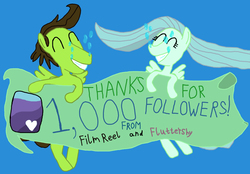 Size: 3168x2204 | Tagged: safe, artist:sb1991, fluttershy, oc, oc:film reel, pony, g4, 1000 followers, banner, equestria amino, eyes closed, high res, smiling, thank you, thanks, underwater