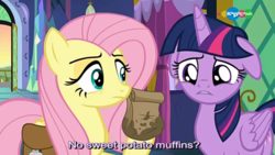 Size: 2407x1353 | Tagged: safe, screencap, fluttershy, twilight sparkle, alicorn, pegasus, pony, a health of information, g4, carousel (tv channel), cute, disappointed, floppy ears, no sweet potato muffins, sad, sweet potato, twiabetes, twilight sparkle (alicorn)