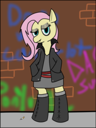 Size: 7087x9449 | Tagged: safe, artist:letterbomb, fluttershy, g4, absurd resolution, belts, boots, clothes, dress, eyeshadow, flutterpunk, graffiti, hand in pocket, jacket, makeup, shoes, smoking