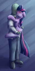 Size: 411x825 | Tagged: safe, artist:duop-qoub, twilight sparkle, oc, oc:anon, alicorn, human, pony, g4, blushing, canon x oc, eyes closed, female, holding a pony, hug, human male, human male on mare, human on pony action, interspecies, kissing, male, mare, standing, straight, twilight sparkle (alicorn), watermark