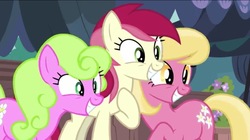 Size: 1024x574 | Tagged: safe, screencap, daisy, flower wishes, lily, lily valley, roseluck, pony, g4, it isn't the mane thing about you, cute, female, flower trio, happy, rosabetes, smiling, trio, trio female