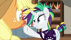 Size: 1024x576 | Tagged: safe, screencap, applejack, rarity, g4, it isn't the mane thing about you, alternate hairstyle, punk, raripunk