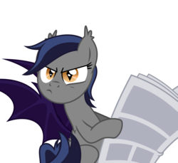 Size: 2500x2289 | Tagged: safe, artist:inudewaruika, oc, oc only, oc:echo, bat pony, pony, female, high res, looking at you, mare, newspaper, reaction image, scowl, simple background, solo, transparent background, vector