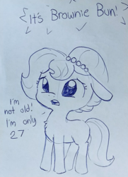 Size: 889x1228 | Tagged: safe, artist:tjpones, oc, oc only, oc:brownie bun, earth pony, pony, horse wife, chest fluff, dialogue, floppy ears, lineart, monochrome, solo, traditional art