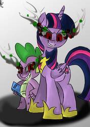 Size: 1000x1414 | Tagged: safe, artist:emositecc, spike, twilight sparkle, alicorn, dragon, pony, g4, corrupted, corrupted twilight sparkle, evil, evil smile, female, gradient background, grin, male, mare, smiling, sombra eyes, twilight sparkle (alicorn)