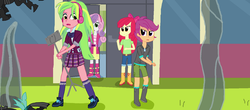 Size: 1024x452 | Tagged: safe, artist:thomaszoey3000, apple bloom, lemon zest, scootaloo, sweetie belle, equestria girls, g4, boots, bow, clothes, denim, hairband, headphones, hoodie, pleated skirt, shoes, shorts, skirt, socks