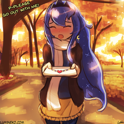 Size: 750x750 | Tagged: safe, artist:lumineko, princess luna, human, autumn, blushing, clothes, coat, cute, dialogue, envelope, eyes closed, female, humanized, love letter, lumineko is trying to murder us, lunabetes, moe, offscreen character, open mouth, pov, scarf, signature, solo, tree, weapons-grade cute