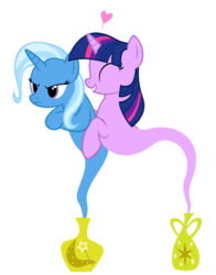 Size: 728x930 | Tagged: safe, artist:navitaserussirus, trixie, twilight sparkle, genie, pony, unicorn, asktwixiegenies, g4, annoyed, eyes closed, female, grumpy, heart, lesbian, mare, ship:twixie, shipping, simple background, species swap, white background
