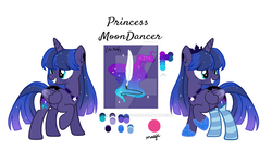 Size: 1024x570 | Tagged: safe, artist:naturaldiisasters, oc, oc only, oc:princess moondancer, alicorn, pony, alicorn oc, body markings, clothes, colored wings, crown, cyan eyes, ethereal mane, facial markings, female, folded wings, freckles, gradient wings, hoof shoes, jewelry, magical lesbian spawn, offspring, parent:princess luna, parent:twilight sparkle, parents:twiluna, peytral, raised hoof, reference sheet, regalia, simple background, socks, solo, sparkly mane, sparkly tail, starry mane, stars, striped socks, tail, tiara, watermark, white background, wings