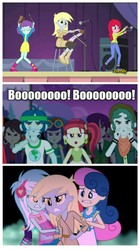Size: 933x1682 | Tagged: safe, edit, edited screencap, screencap, blueberry cake, blueberry pie, bon bon, captain planet, derpy hooves, lavender lace, lyra heartstrings, raspberry fluff, rose heart, scott green, sweetie drops, equestria girls, g4, rainbow rocks, bell, cowbell, microphone, musical instrument, musical saw, screencap comic, stage, the muffins, triangle