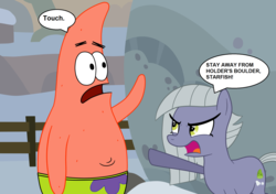 Size: 2000x1405 | Tagged: safe, artist:eagc7, limestone pie, starfish, g4, comic, crossover, dialogue, female, holder's boulder, i'm your biggest fanatic, male, mare, nickelodeon, parody, patrick star, spongebob squarepants, text, touch