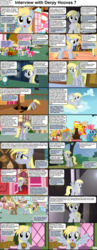 Size: 1282x3304 | Tagged: safe, carrot cake, cheese sandwich, cup cake, derpy hooves, fluttershy, lightning bolt, pinkie pie, rainbow dash, white lightning, earth pony, pegasus, pony, comic:celestia's servant interview, g4, caption, comic, cs captions, female, food, holding, interview, looking at you, male, mare, muffin, ponyville, spread wings, stallion, wings
