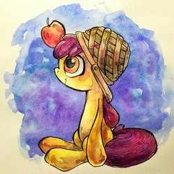 Size: 2747x2751 | Tagged: dead source, safe, artist:awk44, apple bloom, earth pony, pony, g4, apple, apple on head, balancing, basket, basket hat, female, filly, food, high res, looking up, silly, sitting, smiling, solo, traditional art, watercolor painting