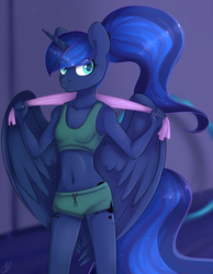 Size: 939x1209 | Tagged: safe, artist:renka2802, artist:tigra0118, princess luna, alicorn, anthro, g4, alternate hairstyle, belly button, breasts, clothes, colored pupils, cute, ethereal mane, eye clipping through hair, female, looking at you, lunabetes, midriff, ponytail, signature, skinny, small breasts, smiling, solo, sports bra, sports shorts, starry mane, thin, towel