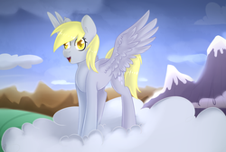 Size: 1063x720 | Tagged: safe, artist:renka2802, artist:tigra0118, derpy hooves, pegasus, pony, g4, cloud, colored pupils, cute, derpabetes, female, happy, mare, mountain, open mouth, sky, solo, spread wings, standing on a cloud, thousand yard stare, wings