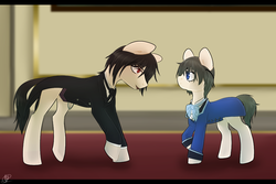 Size: 1080x720 | Tagged: safe, artist:tigra0118, earth pony, pony, black butler, ciel phantomhive, clothes, colored pupils, crossover, duo, male, ponified, raised hoof, sebastian michaelis, stallion, suit