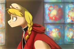 Size: 1080x720 | Tagged: safe, artist:tigra0118, earth pony, pony, braid, clothes, colored pupils, crossover, edward elric, fullmetal alchemist, jacket, male, ponified, solo, stallion