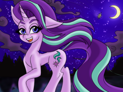 Size: 2000x1500 | Tagged: safe, artist:katkathasahathat, starlight glimmer, pony, unicorn, g4, blushing, female, mare, moon, night, open mouth, solo