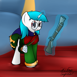 Size: 1078x1080 | Tagged: safe, artist:the-furry-railfan, oc, oc only, oc:minty candy, pony, unicorn, baby powder, bouncy castle, cape, clothes, diaper, frilly diaper, glasses, levitation, magic, musket, non-baby in diaper, poofy diaper, solo, telekinesis