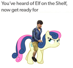 Size: 961x902 | Tagged: safe, bon bon, sweetie drops, earth pony, pony, angry, bon bon is not amused, bonpun, comments locked down, debate in the comments, duo, elf on the shelf, female, humans riding ponies, jontron, mare, meme, photoshop, pun, riding, simple background, unamused, white background