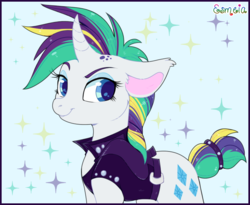 Size: 762x624 | Tagged: safe, artist:esmeia, rarity, pony, unicorn, g4, it isn't the mane thing about you, alternate hairstyle, clothes, curved horn, cute, female, horn, jacket, mare, punk, raribetes, raripunk, solo